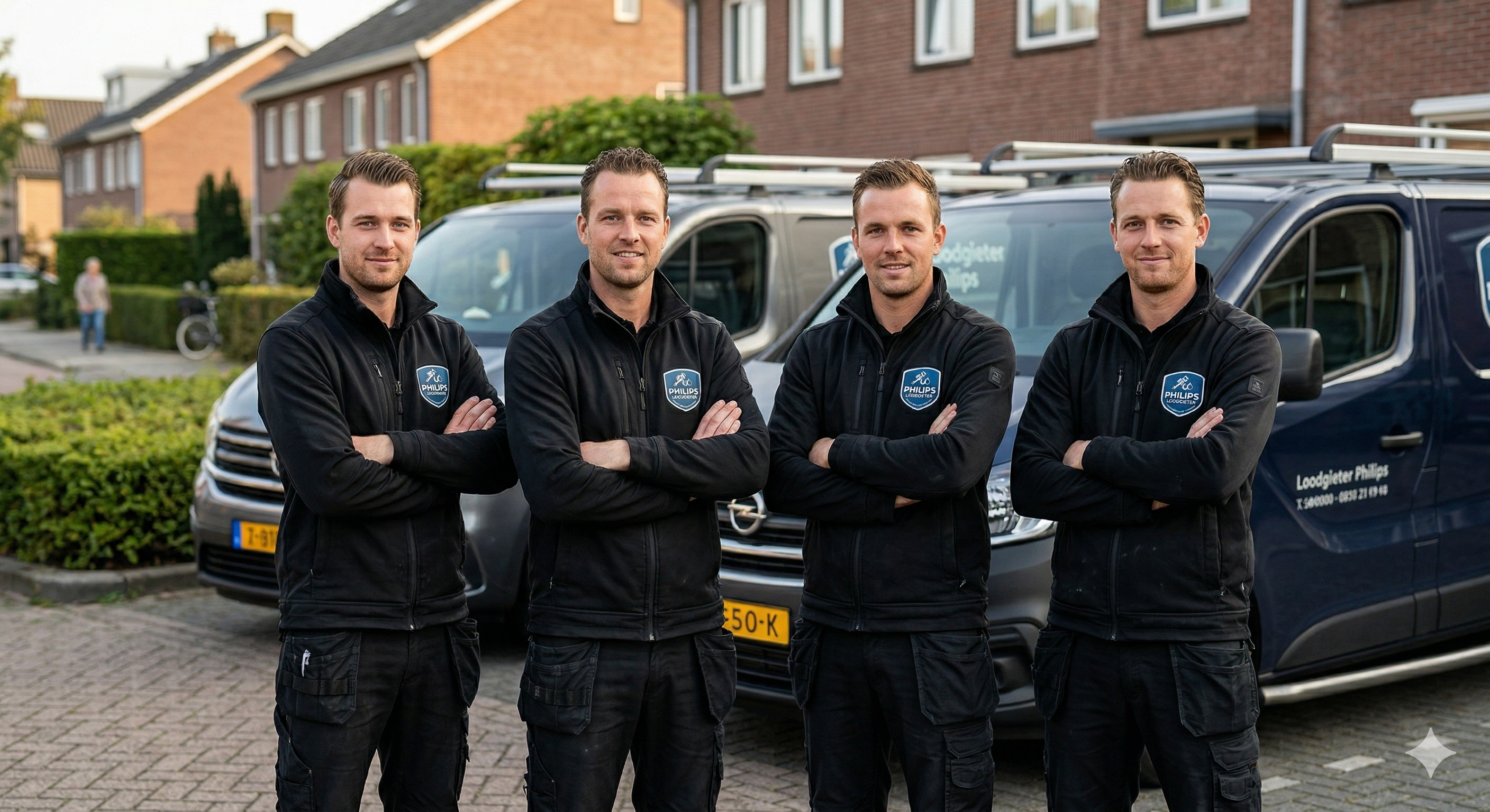 Team Loodgieter Philips in werkkleding voor servicebussen